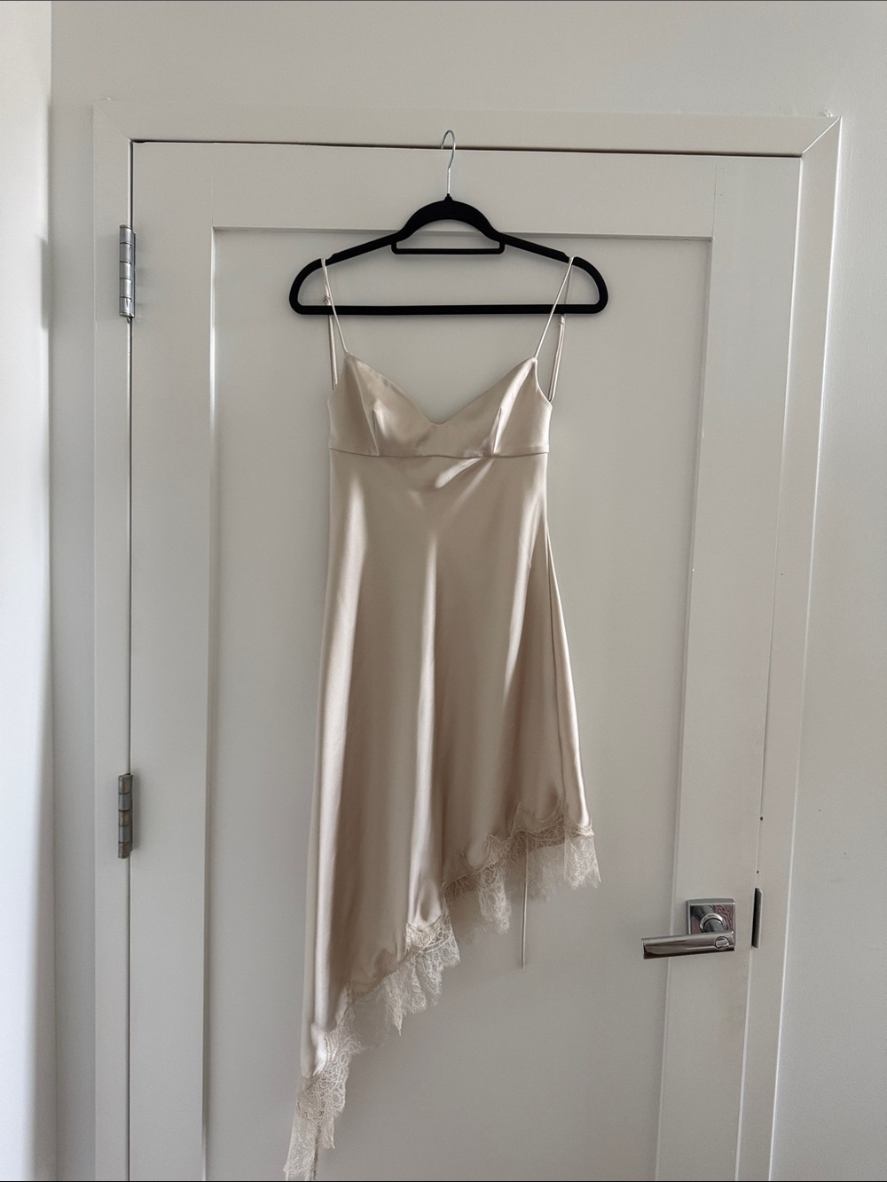 Zara Champagne Asymmetrical Slip Dress with Lace Trim